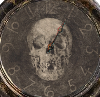An old clock face with a faded skull behind it and hand-written numbers. There is only a single hand on it that seems warped between the colors red and blue. The hand points to the number 1.